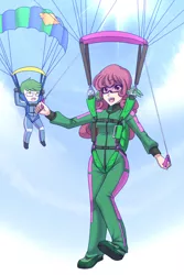 Size: 1280x1913 | Tagged: artist:jonfawkes, clothes, commission, derpibooru import, falling, flying, goggles, human, humanized, humanized oc, jumpsuit, oc, oc:software patch, oc:windcatcher, parachute, safe, skydiving, unofficial characters only, windpatch, wing ears