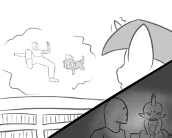 Size: 1280x1024 | Tagged: safe, artist:vulapa, derpibooru import, spike, oc, oc:anon, human, bandage, cyoa, cyoa:life in ponyville, grayscale, irritated, levitation, magic, monochrome, story included, telekinesis