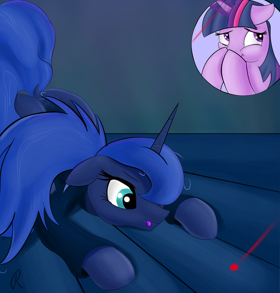 Size: 1910x2000 | Tagged: safe, artist:twiren, derpibooru import, princess luna, twilight sparkle, pony, behaving like a cat, clothes, cute, dock, hunting, laser, laser pointer, lunabetes, magic, scrunchy face, shirt, silly, silly pony, sitting