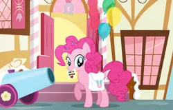 Size: 5000x3197 | Tagged: artist:rainbownspeedash, derpibooru import, invitation, looking at you, mouth hold, party cannon, pinkie pie, saddle bag, safe, solo, vector