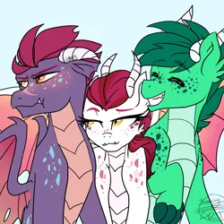 Size: 1024x1024 | Tagged: safe, artist:h0mi3, derpibooru import, oc, oc:aqui, oc:dacite, oc:kygo, unofficial characters only, dracony, hybrid, gauntlet of fire, blushing, crack shipping, embrace, hug, interspecies offspring, offspring, parent:fizzle, parent:garble, parent:princess ember, parent:rarity, parent:roseluck, parents:emble, parent:spike, parents:sparity