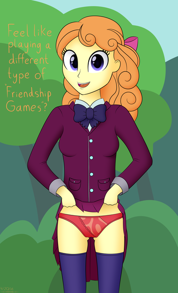 Size: 2800x4600 | Tagged: questionable, artist:theovermare, derpibooru import, orange sherbette, equestria girls, friendship games, bronybait, clothes, crystal prep academy uniform, dialogue, female, frilly underwear, looking at you, panties, red underwear, school uniform, skirt, skirt lift, socks, solo, solo female, thigh gap, thigh highs, underwear, upskirt