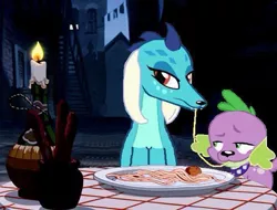 Size: 581x441 | Tagged: safe, artist:oneovertwo edits, derpibooru import, princess ember, spike, dog, equestria girls, gauntlet of fire, ember the dog, emberspike, female, food, lady and the tramp, male, meme, pasta, shipping, spaghetti, spaghetti scene, spike the dog, straight
