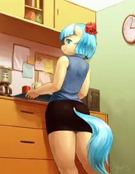 Size: 2813x3621 | Tagged: anthro, artist:audrarius, bedroom eyes, clothes, coco pommel, coffee, derpibooru import, dock, female, high res, looking at you, looking back, miniskirt, office, safe, skirt, sleeveless, smiling, solo, stupid sexy coco pommel, tanktop, thighs, tube skirt