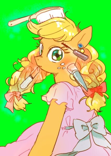 Size: 516x729 | Tagged: dead source, safe, artist:chi-hayu, derpibooru import, applejack, earth pony, pony, alternate hairstyle, applejack also dresses in style, clothes, cute, female, freckles, hairbrush, implied rarity, jackabetes, lipstick, looking at you, makeover, makeup, mare, offscreen character, solo