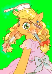Size: 516x729 | Tagged: dead source, safe, artist:chi-hayu, derpibooru import, applejack, earth pony, pony, alternate hairstyle, applejack also dresses in style, clothes, cute, female, freckles, hairbrush, implied rarity, jackabetes, lipstick, looking at you, makeover, makeup, mare, offscreen character, solo