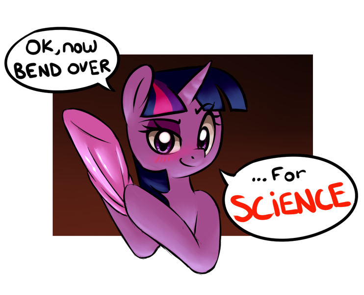 Size: 1098x888 | Tagged: suggestive, artist:victoreach, derpibooru import, twilight sparkle, pony, unicorn, bend over, blushing, clothes, female, for science, gloves, implied hoofing, implied sex, mare, rubber gloves, simple background, smiling, solo, text, this will end with prostate examination