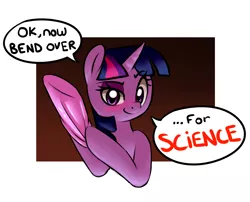 Size: 1098x888 | Tagged: suggestive, artist:victoreach, derpibooru import, twilight sparkle, pony, unicorn, bend over, blushing, clothes, female, for science, gloves, implied hoofing, implied sex, mare, rubber gloves, simple background, smiling, solo, text, this will end with prostate examination