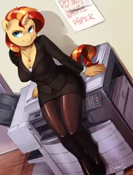 Size: 2241x2953 | Tagged: suggestive, artist:audrarius, derpibooru import, sunset shimmer, anthro, unguligrade anthro, equestria girls, black skirt, breasts, business suit, businessmare, cleavage, clothes, female, latex, looking at you, miniskirt, missing shoes, necklace, office, pantyhose, photocopier, skirt, skirt suit, smiling, socks, solo, solo female, suit, thighs, tube skirt