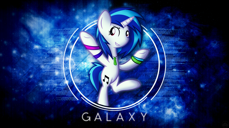 Size: 1920x1080 | Tagged: safe, artist:blueblitzie, artist:brainlesspoop, derpibooru import, vinyl scratch, pony, unicorn, cutie mark, female, glowstick, hooves, horn, mare, rave, smiling, solo, space, standing, standing on one leg, teeth, text, vector, wallpaper