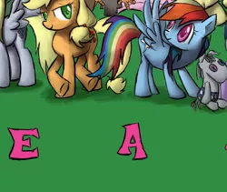 Size: 1283x1084 | Tagged: safe, artist:spontaneouspotato, derpibooru import, applejack, derpy hooves, rainbow dash, smarty pants, pegasus, pony, electronic arts, female, mare