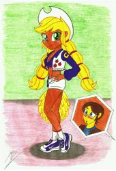 Size: 4739x6982 | Tagged: suggestive, artist:metaldudepl666, derpibooru import, part of a set, applejack, caramel, equestria girls, absurd resolution, alternate hairstyle, belly button, blushing, blushing profusely, breasts, busty applejack, carajack, cheerleader, crayon drawing, dallas cowboys, dallas cowgirls, equestria girls-ified, female, freckles, front knot midriff, heart, male, midriff, offscreen character, pigtails, pom pom, shipping, sneakers, straight, tanned