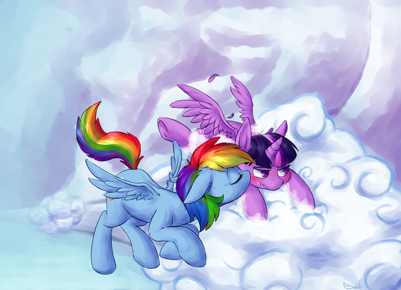 Size: 1168x845 | Tagged: safe, artist:yeendip, derpibooru import, rainbow dash, twilight sparkle, twilight sparkle (alicorn), alicorn, pony, blushing, cloud, commission, female, floppy ears, flying, kissing, lesbian, mare, shipping, tsundere, tsunlight sparkle, twidash