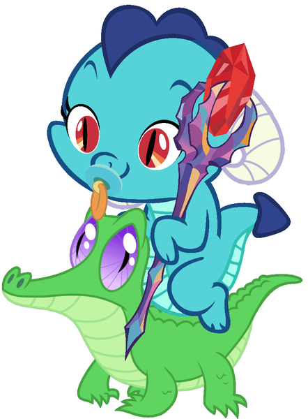 Size: 786x1067 | Tagged: artist:red4567, baby dragon, bloodstone scepter, cute, derpibooru import, dragon, dragon lord ember, dragons riding gators, emberbetes, gauntlet of fire, gummy, pacifier, princess ember, riding, safe