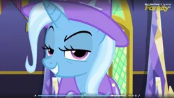 Size: 1920x1080 | Tagged: safe, deleted from derpibooru, derpibooru import, screencap, trixie, pony, unicorn, no second prances, female, grin, lidded eyes, looking at you, mare, no second glances, raised eyebrow, smirk, solo, uh oh