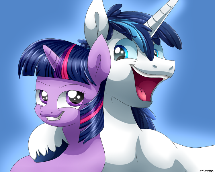 Size: 1500x1200 | Tagged: safe, artist:zoruanna, derpibooru import, shining armor, twilight sparkle, unicorn, brother and sister, dreamworks face, female, grin, hug, male, mare, neck hug, open mouth, siblings, smirk, stallion