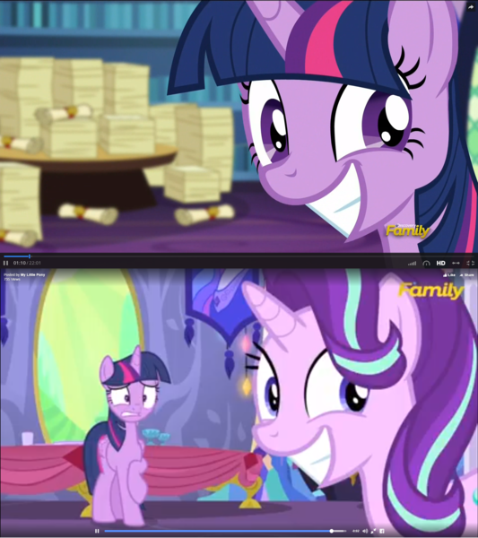 Size: 1920x2160 | Tagged: safe, derpibooru import, screencap, starlight glimmer, twilight sparkle, twilight sparkle (alicorn), alicorn, pony, no second prances, the crystalling, comparison, counterparts, female, mare, smiling, solo, twilight's counterparts, twilight's scrollwork