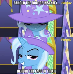 Size: 1140x1164 | Tagged: safe, derpibooru import, edit, edited screencap, screencap, trixie, pony, unicorn, no second prances, female, image macro, mare, meme, no second glances, trixie yells at everything, trixie's glare