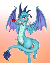 Size: 1187x1495 | Tagged: suggestive, artist:manual-monaro, derpibooru import, princess ember, dragon, gauntlet of fire, bedroom eyes, blushing, female, flower, flower in mouth, gradient background, hand on hip, heart eyes, looking at you, mouth hold, raised leg, rose, solo, solo female, tail curled, wingding eyes