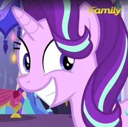 Size: 1393x1381 | Tagged: safe, derpibooru import, screencap, starlight glimmer, pony, unicorn, no second prances, cute, female, glimmerbetes, grin, happy, implied trixie, looking back, mare, smiling, solo, squee, wide eyes