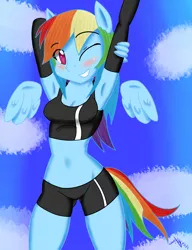 Size: 3312x4320 | Tagged: anthro, armpits, artist:ramoncrimson935, belly button, blushing, clothes, compression shorts, derpibooru import, grin, midriff, rainbow dash, safe, solo, sports bra, sports shorts, stretching