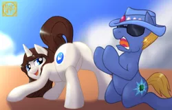 Size: 1024x657 | Tagged: suggestive, artist:rune-blad3, derpibooru import, oc, oc:accel, oc:stamp, unofficial characters only, earth pony, pony, unicorn, dat butt, female, gangnam style, hat, male, meme, oc x oc, plot, presenting, sexy, shipping, silly, straight, sun, sunglasses