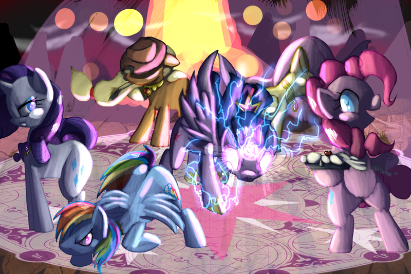 Size: 1280x853 | Tagged: safe, artist:clexyoshi, derpibooru import, applejack, fluttershy, pinkie pie, rainbow dash, rarity, twilight sparkle, twilight sparkle (alicorn), alicorn, pony, element of generosity, element of honesty, element of kindness, element of laughter, element of loyalty, element of magic, elements of harmony, epic, female, glowing eyes, lightning, magic, magic circle, mane six, mare