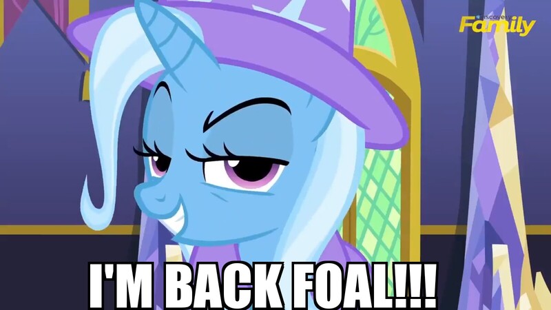 Size: 1600x900 | Tagged: safe, derpibooru import, screencap, trixie, pony, unicorn, no second prances, female, grin, image macro, mare, meme, no second glances, smirk, solo, trixie yells at everything