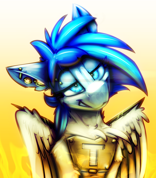 Size: 1709x1947 | Tagged: safe, artist:ralek, derpibooru import, oc, oc:sapphire sights, unofficial characters only, pegasus, pony, aperture, augmented, bridge piercing, bust, eyebrow piercing, fire, gauges, glowing eyes, joule, piercing, portrait, solo, wingblade