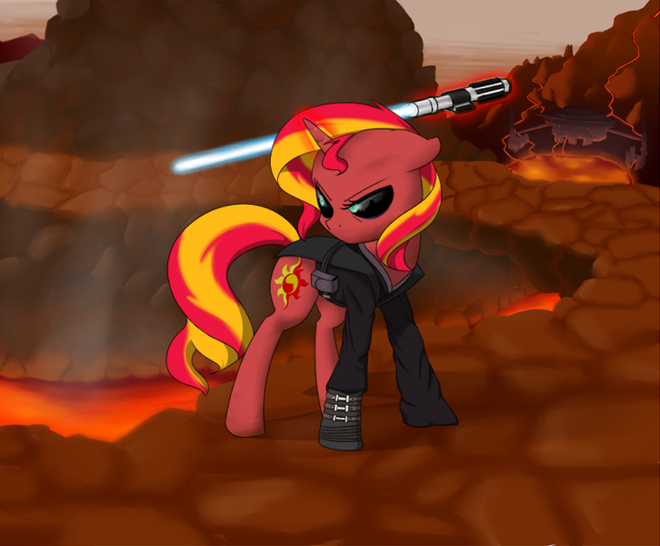Size: 800x661 | Tagged: safe, artist:victoreach, derpibooru import, sunset shimmer, ponified, pony, unicorn, equestria girls, anakin skywalker, darth vader, equestria girls ponified, lightsaber, mustafar, revenge of the sith, sith, solo, star wars, sunset satan, weapon