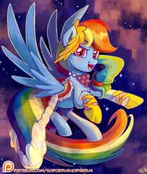 Size: 771x913 | Tagged: safe, artist:sorcerushorserus, derpibooru import, rainbow dash, pegasus, pony, the best night ever, blushing, clothes, commission, dress, female, gala dress, horseshoes, looking at you, mare, night, open mouth, patreon, patreon logo, solo, stars