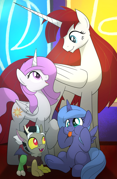 Size: 1500x2300 | Tagged: safe, artist:drawponies, derpibooru import, discord, princess celestia, princess luna, oc, oc:fausticorn, alicorn, pony, :p, alicorn oc, blank flank, cewestia, cute, cutelestia, derp, discute, faustabetes, female, filly, filly celestia, filly luna, foal, looking at each other, lunabetes, male, mare, open mouth, pink-mane celestia, raised hoof, royal sisters, sitting, smiling, tongue out, woona, young discord, younger