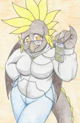 Size: 723x1106 | Tagged: anthro, artist:flicker-show, artist:sunnyponycitrusbutt, breasts, chubby, clothes, derpibooru import, dragon, female, glasses, hips, id, oc, safe, solo, sweater, traditional art, unofficial characters only