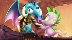 Size: 2000x1125 | Tagged: artist:blackligerth, blushing, derpibooru import, dragon, dragon armor, female, gauntlet of fire, male, princess ember, safe, spike, tail