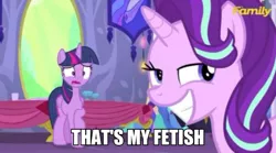 Size: 656x366 | Tagged: alicorn, bedroom eyes, caption, derpibooru import, discovery family logo, edit, edited screencap, eww, image macro, implied trixie, meme, no second prances, safe, screencap, smirk, starlight glimmer, that is my fetish, twilight sparkle, twilight sparkle (alicorn)