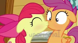 Size: 896x496 | Tagged: apple bloom, artist:unoriginai, blushing, cute, cutie mark, derpibooru import, discovery family logo, edit, edited screencap, female, kiss edit, kissing, lesbian, on your marks, safe, scootabloom, scootaloo, screencap, shipping, the cmc's cutie marks, watermark