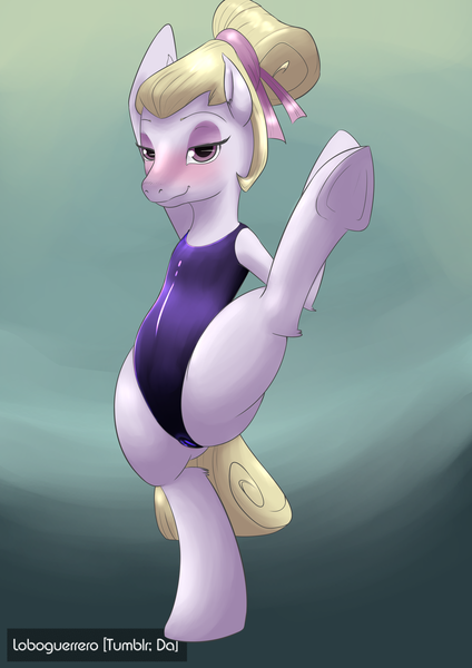 Size: 2480x3508 | Tagged: active stretch, artist:loboguerrero, blushing, cameltoe, clothes, derpibooru import, female, flexible, hoofer steps, looking at you, one-piece swimsuit, questionable, solo, solo female, stretching, swimsuit, underhoof