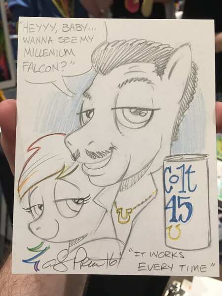 Size: 1024x1365 | Tagged: andy you magnificent bastard, artist:andypriceart, billy dee williams, colt 45, crossover, derpibooru import, lando calrissian, parody, ponified, rainbow dash, safe, star wars, traditional art