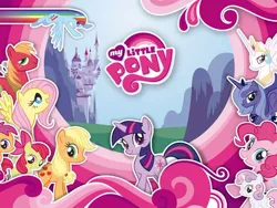 Size: 900x675 | Tagged: safe, derpibooru import, apple bloom, applejack, big macintosh, fluttershy, pinkie pie, princess celestia, princess luna, rainbow dash, scootaloo, sweetie belle, twilight sparkle, alicorn, earth pony, pegasus, pony, unicorn, canterlot, cutie mark crusaders, dubbing, greece, logo, my little pony logo, nickelodeon, rainbow, royal sisters, s1 luna, stock vector