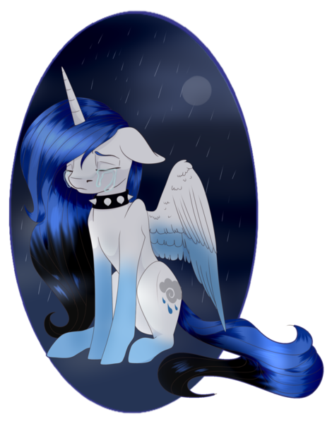 Size: 1024x1308 | Tagged: safe, artist:doodle-28, derpibooru import, oc, oc:chrysalis galaxy, unofficial characters only, alicorn, pony, alicorn oc, choker, crying, eyes closed, floppy ears, full moon, moon, night, rain, sad, sitting, solo, spiked choker, spread wings