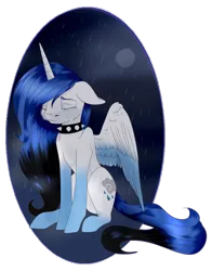 Size: 1024x1308 | Tagged: safe, artist:doodle-28, derpibooru import, oc, oc:chrysalis galaxy, unofficial characters only, alicorn, pony, alicorn oc, choker, crying, eyes closed, floppy ears, full moon, moon, night, rain, sad, sitting, solo, spiked choker, spread wings