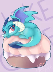 Size: 667x900 | Tagged: safe, artist:mistydash, derpibooru import, princess ember, dragon, gauntlet of fire, :p, cake, cute, emberbetes, food, looking at you, micro, smiling, solo, tongue out