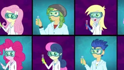 Size: 1920x1080 | Tagged: safe, derpibooru import, screencap, bon bon, derpy hooves, flash sentry, fluttershy, pinkie pie, sandalwood, sweetie drops, acadeca, equestria girls, friendship games, clothes, goggles, lab coat, potion, this will end in science