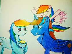 Size: 2552x1923 | Tagged: safe, artist:haruka takahashi, derpibooru import, rainbow dash, oc, oc:storm shield, alicorn, pegasus, pony, alicorn oc, canon x oc, colored, female, filly, male, offspring, parent:oc:storm shield, parent:rainbow dash, parents:canon x oc, shipping, smiling, straight, traditional art, wing hands, wing hold