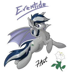 Size: 3000x3000 | Tagged: safe, artist:muggyheatwave, derpibooru import, oc, oc:daturea eventide, unofficial characters only, bat pony, pony, cute, cutie mark, fangs, flower, fluffy, flying, looking at you, open mouth, simple background, smiling, solo, spread wings, transparent background