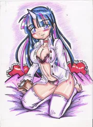 Size: 698x960 | Tagged: artist:project-fallen-angel, bed, blushing, book, bra, breasts, busty twilight sparkle, choker, cleavage, clothes, collar, derpibooru import, female, frilly underwear, heart, heart pillow, horned humanization, human, humanized, my sexy pony, open clothes, open shirt, panties, pink underwear, ribbon, socks, solo, solo female, suggestive, thigh highs, traditional art, twilight sparkle, underwear