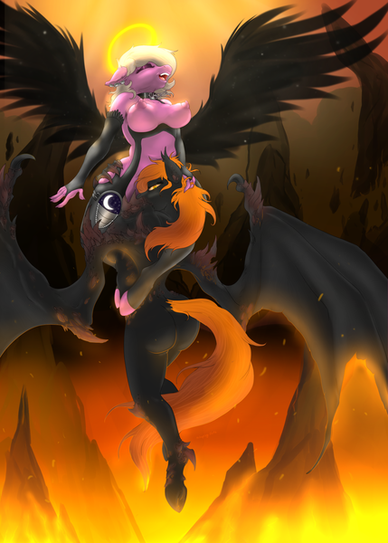 Size: 1280x1792 | Tagged: questionable, artist:slouping, derpibooru import, oc, oc:frostfire, oc:reppy, unofficial characters only, anthro, bat pony, demon, unguligrade anthro, angel, angel x devil, anthro oc, big breasts, breasts, chains, claws, clothes, collar, duo, duo female, earring, evening gloves, eyes closed, fallen angel, female, floppy ears, gloves, glowing eyes, grope, halo, holding head, implied cunnilingus, implied oral, implied sex, leather, leggings, lesbian, looking back, nipples, nudity, open mouth, piercing, scales, sexy, sideboob, sinfully sexy, slit eyes, spread wings, underboob, underhoof, wide hips