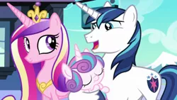 Size: 680x384 | Tagged: cute, derpibooru import, family, female, flurrybetes, happy, male, princess cadance, princess flurry heart, safe, screencap, shining armor, shiningcadance, shipping, straight, the crystalling