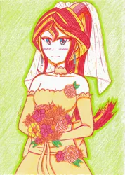 Size: 2476x3476 | Tagged: safe, artist:dragonemperror2810, derpibooru import, sunset shimmer, equestria girls, blushing, bouquet, clothes, dress, solo, traditional art, wedding dress