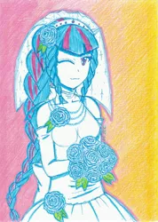 Size: 2468x3476 | Tagged: safe, artist:dragonemperror2810, derpibooru import, sonata dusk, equestria girls, bouquet, braid, clothes, dress, solo, traditional art, wedding dress, wink